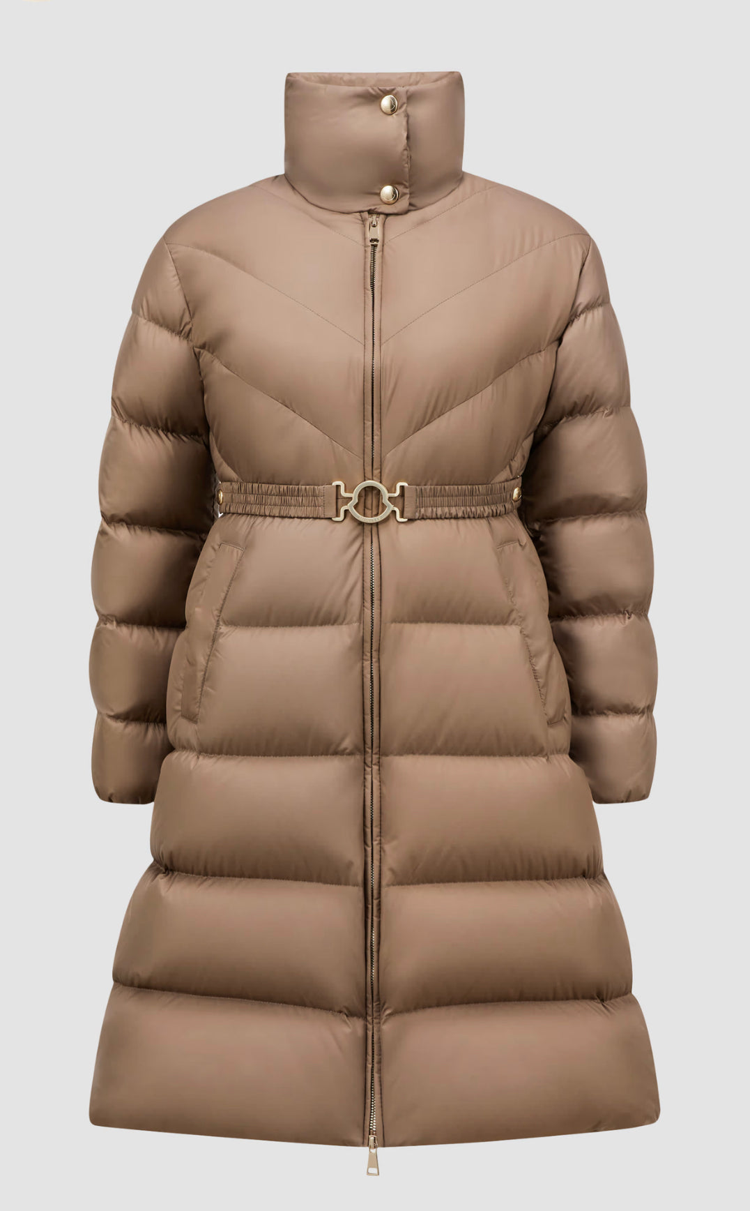GIUBBOTTO MONCLER DONNA LUNGO CON CINTA BEIGE CAMMELLO