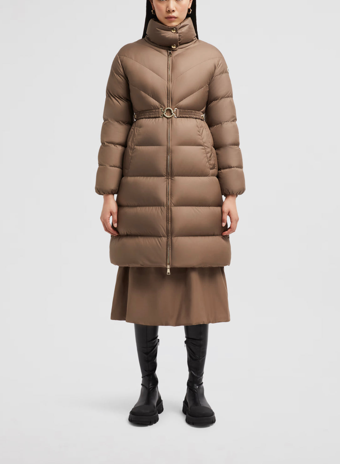 GIUBBOTTO MONCLER DONNA LUNGO CON CINTA BEIGE CAMMELLO