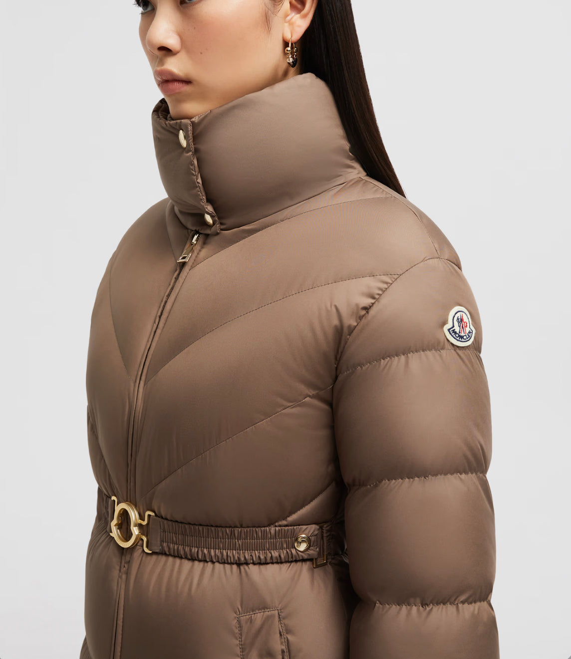 GIUBBOTTO MONCLER DONNA LUNGO CON CINTA BEIGE CAMMELLO