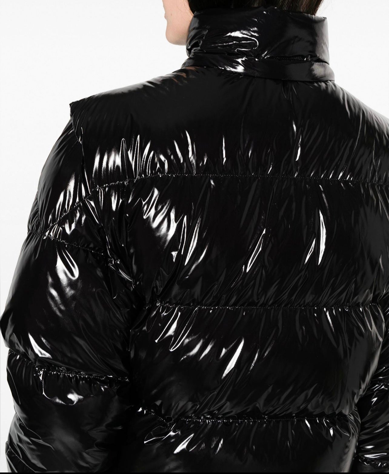 GIUBBOTTO MONCLER DONNA NERO CORTO LUCIDO LOGO PETTO
