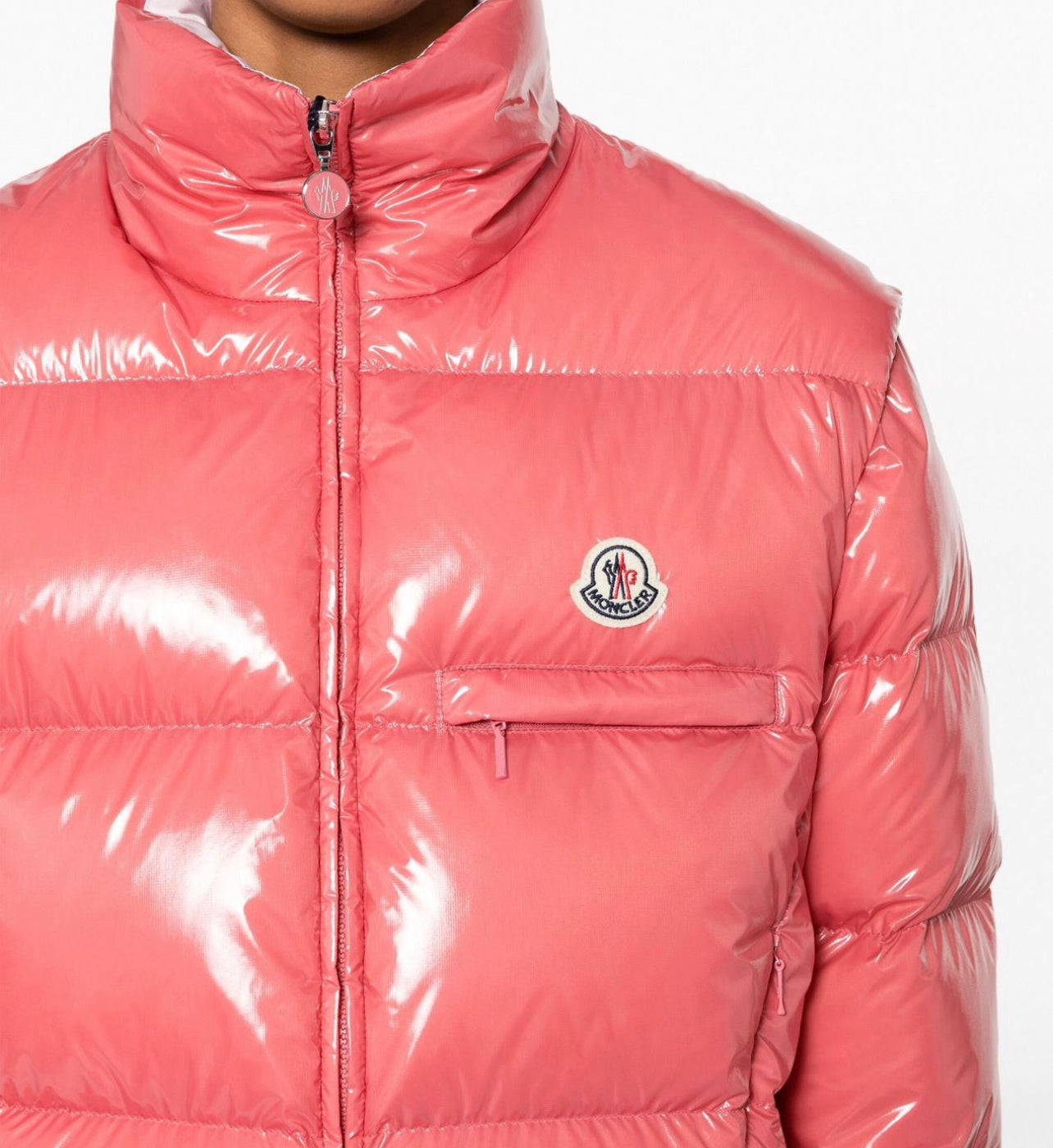 GIUBBOTTO MONCLER DONNA  CORTO ROSA LUCIDO LOGO PETTO