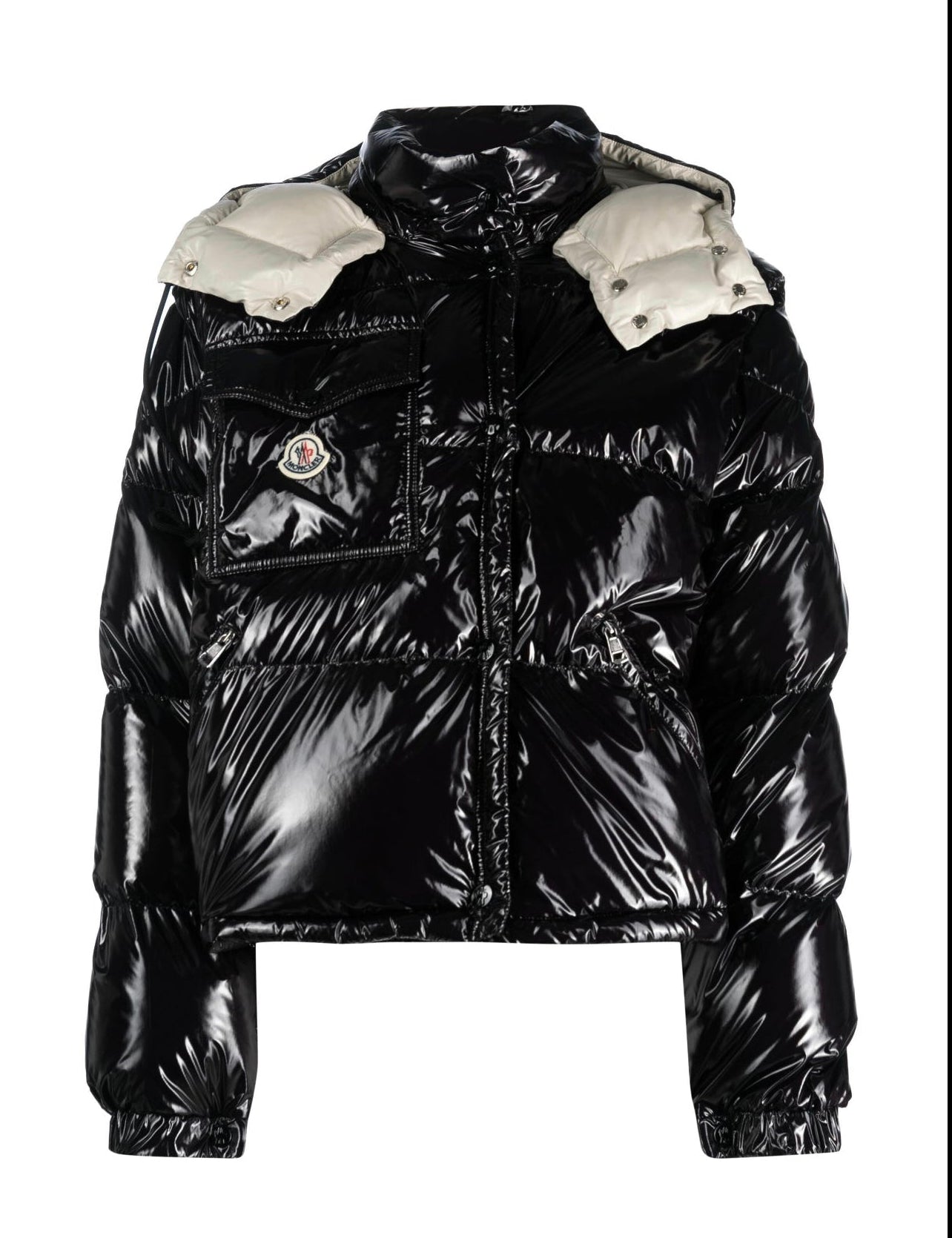 GIUBBOTTO MONCLER DONNA NERO CORTO LUCIDO LOGO PETTO
