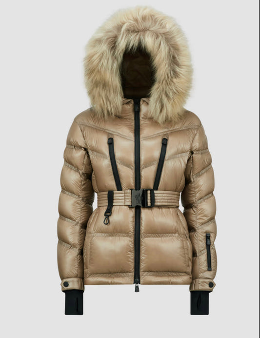 GIUBBOTTO MONCLER DONNA CORTO CON CINTA  BEIGE PELLICCIA