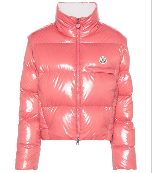 GIUBBOTTO MONCLER DONNA  CORTO ROSA LUCIDO LOGO PETTO