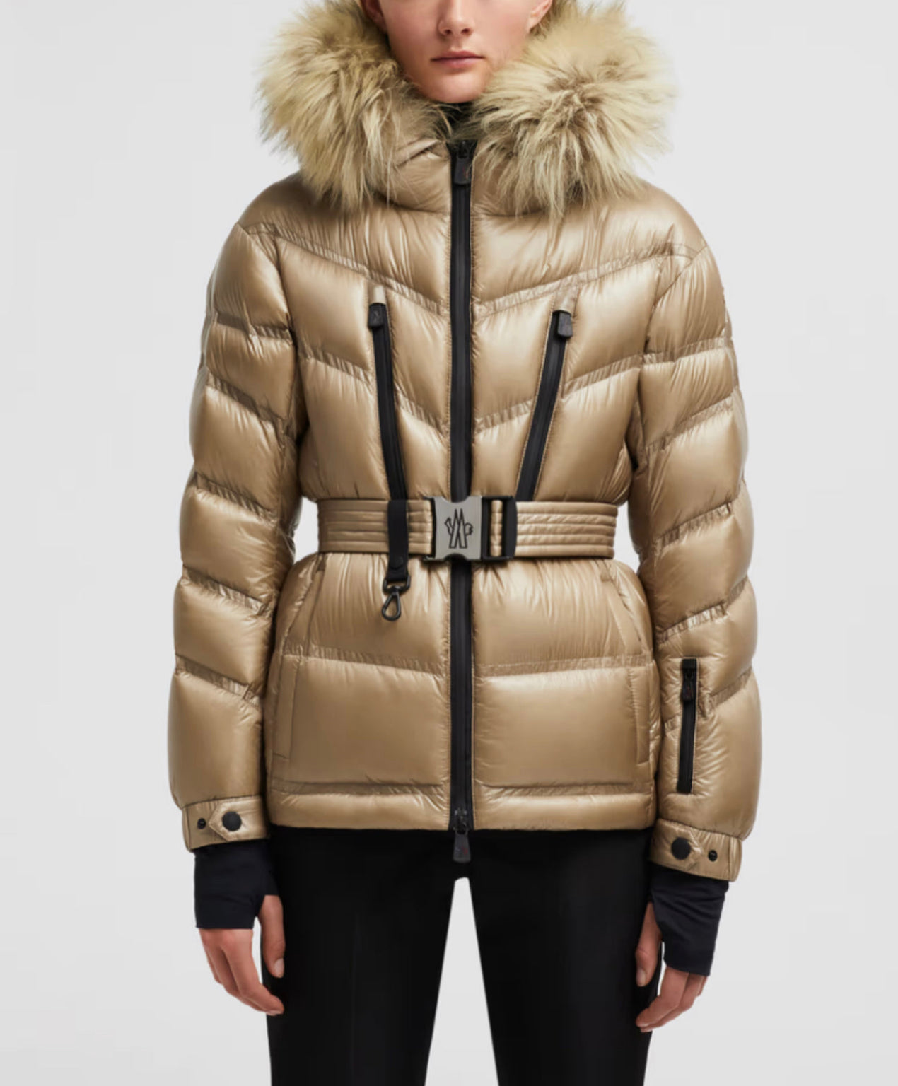 GIUBBOTTO MONCLER DONNA CORTO CON CINTA  BEIGE PELLICCIA