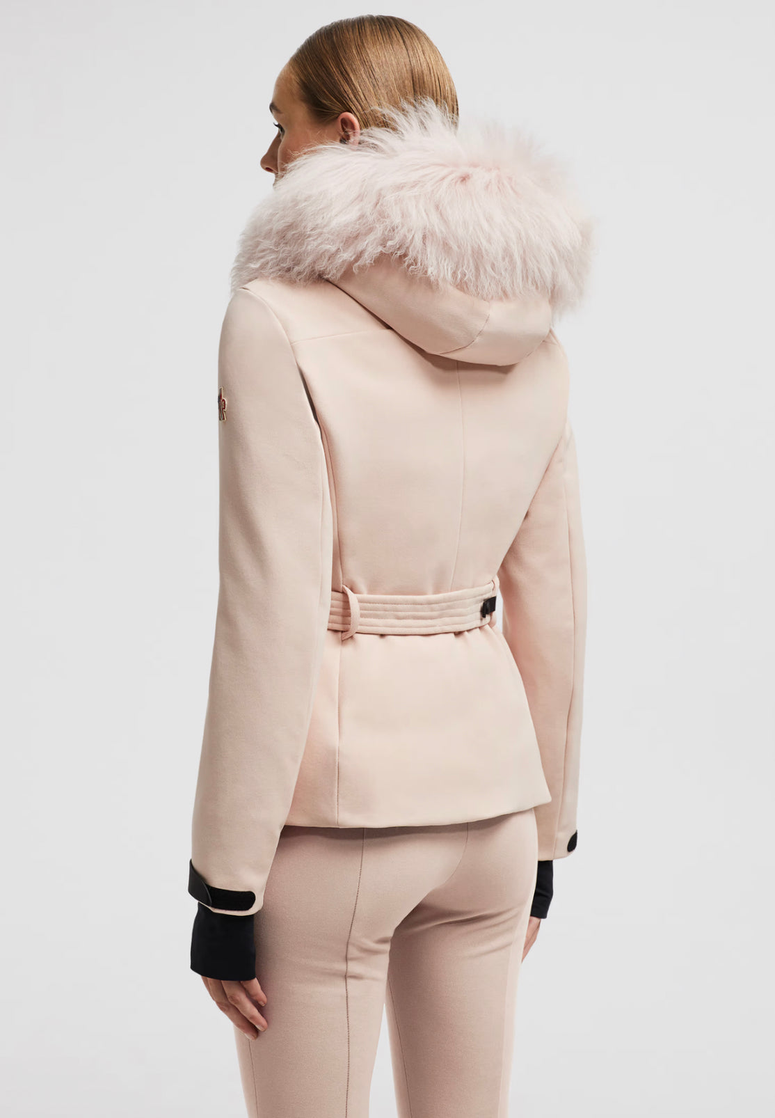 GIUBBOTTO MONCLER DONNA CORTO ROSA CHIARO CON PELLICCIA E CINTA